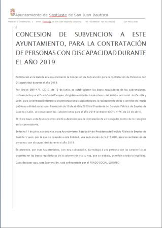 Imagen CONCESION DE SUBVENCIÓN A ESTE AYUNTAMIENTO, PARA LA CONTRATACIÓN DE PERSONAS CON DISCAPACIDAD DURANTE EL AÑO 2019